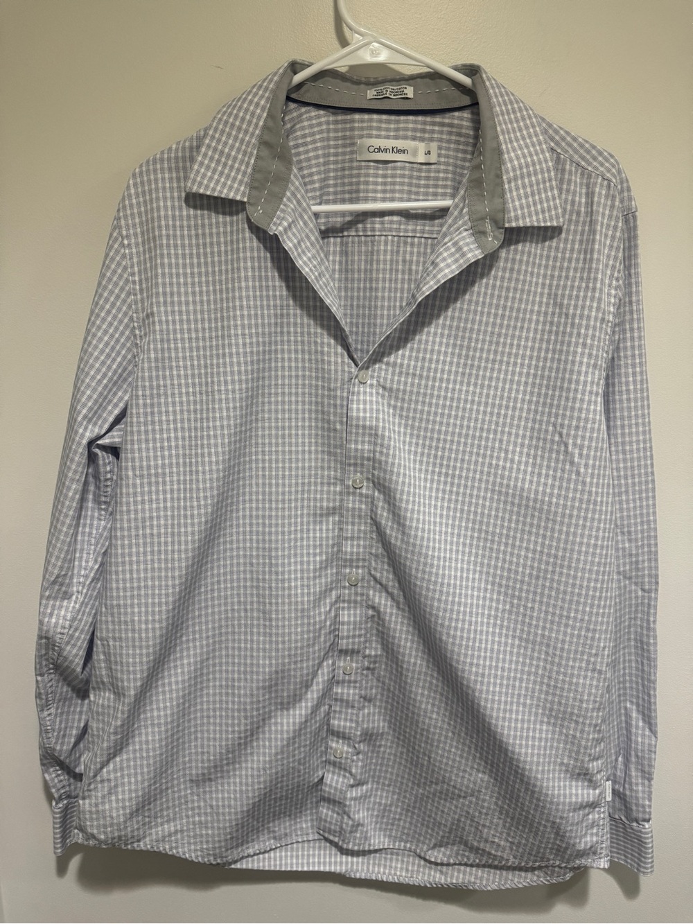Calvin Klein Men's Light Blue and White Micro-Check Dress Shirt